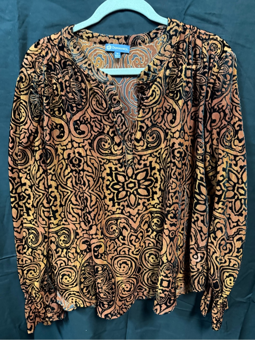 Democracy Black and Burnt Orange Velvet-Effect V-Neck Blouse